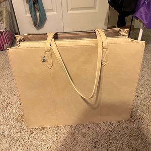 Bees work tote in beige.